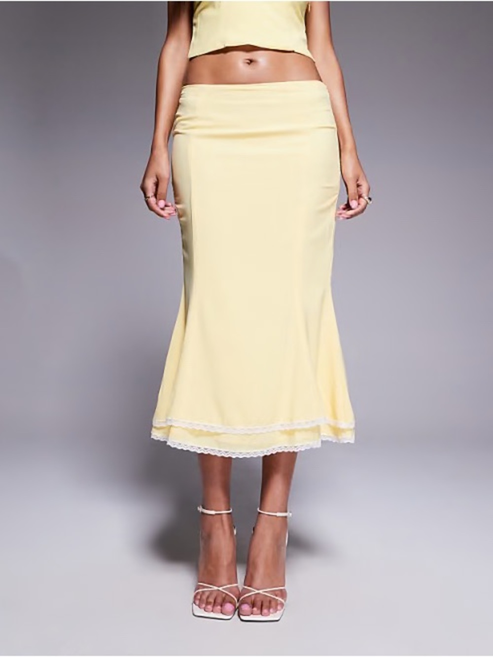 Oh Polly Pale Yellow A-Line Midi Skirt with Lace Hem